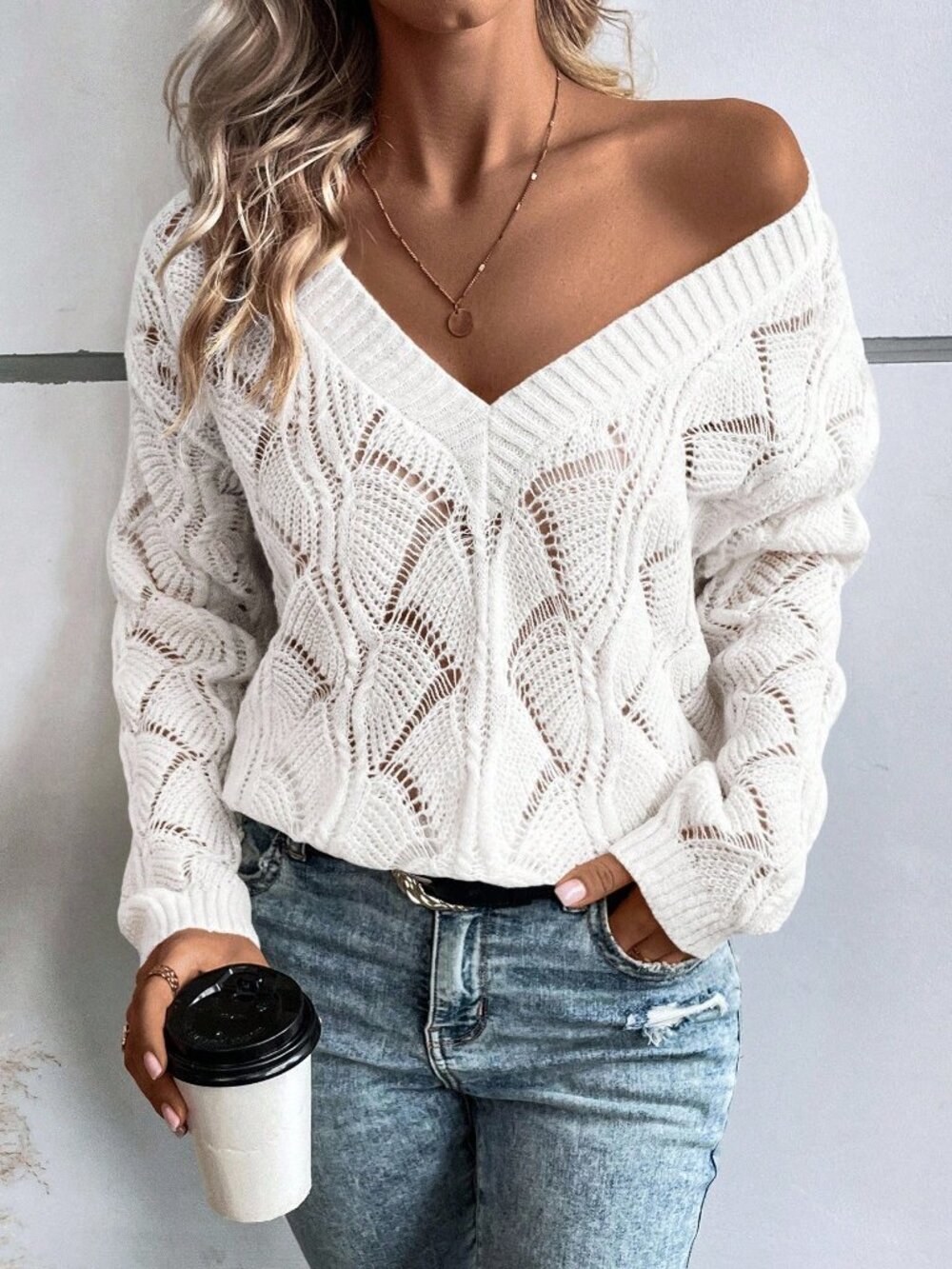 White Casual Women's V Neck Drop Sleeve Hollow Out Loose Pullover Sweater